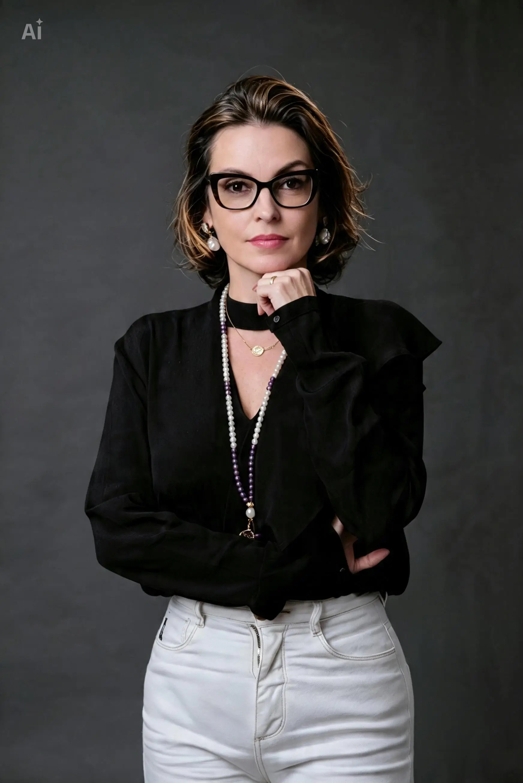 Iza Rhodrìgues com a mão apoiada no queixo